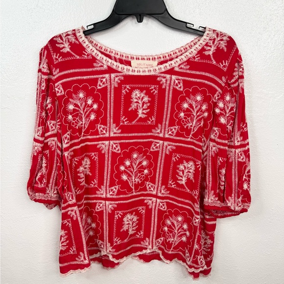 Solitaire Tops - Solitaire Red and White Floral Print Blouse